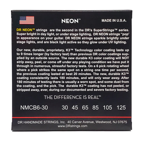 DR Strings HI-DEF NEON NMCB6-30 Multi-Color Colored Bass Guitar Strings: 6-String Medium 30-125